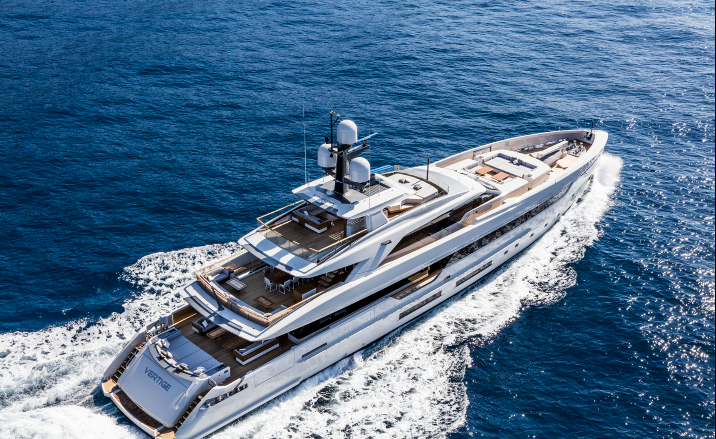 Aerial view of a luxury superyacht.
